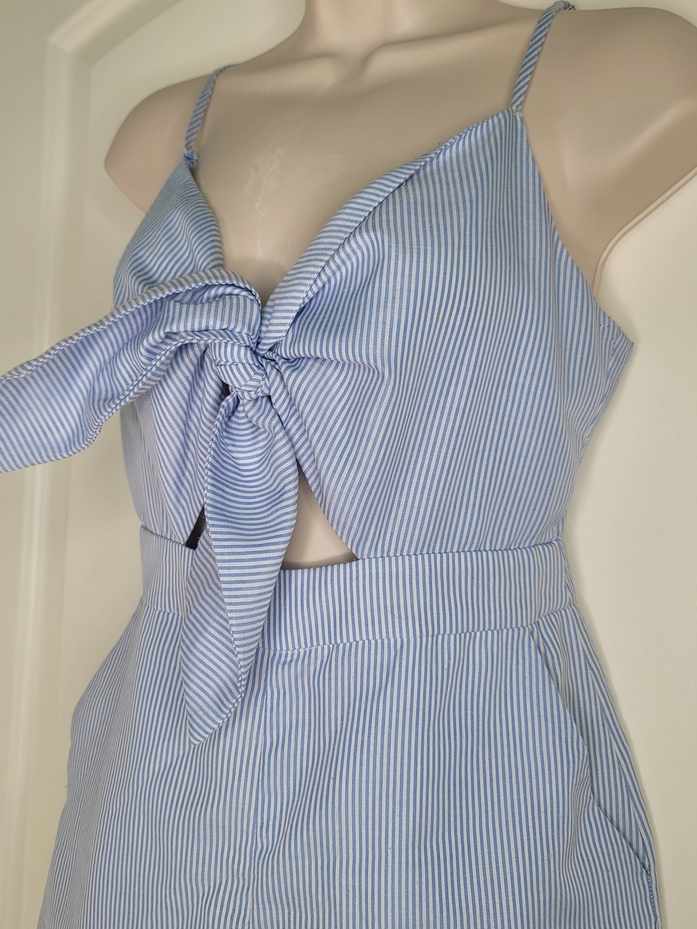 Endless Rose Light Blue & White Striped Romper With Cutout